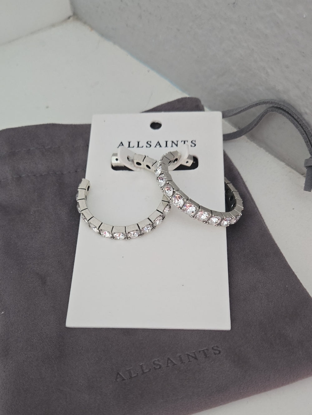 AllSaints Silver Crystal Curved Hoop Earrings